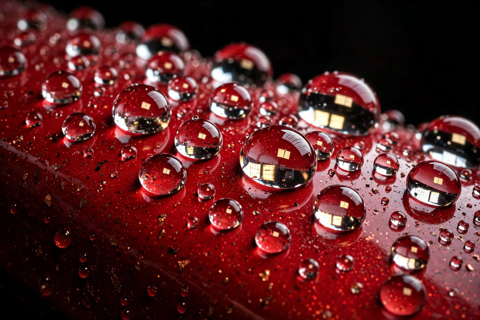 Water beading tightly on a hydrophobic coated Ferrari bonnet